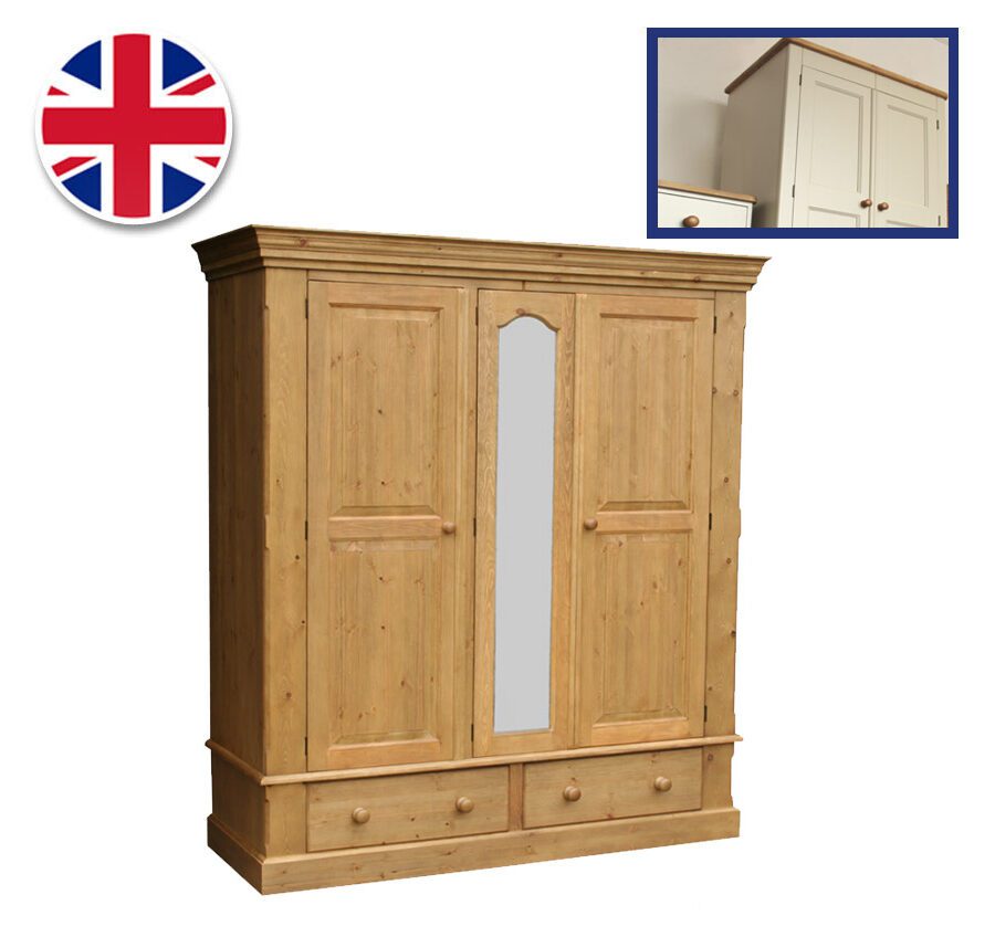 Pine and Painted Wardrobe Large Triple On 2 Drawers